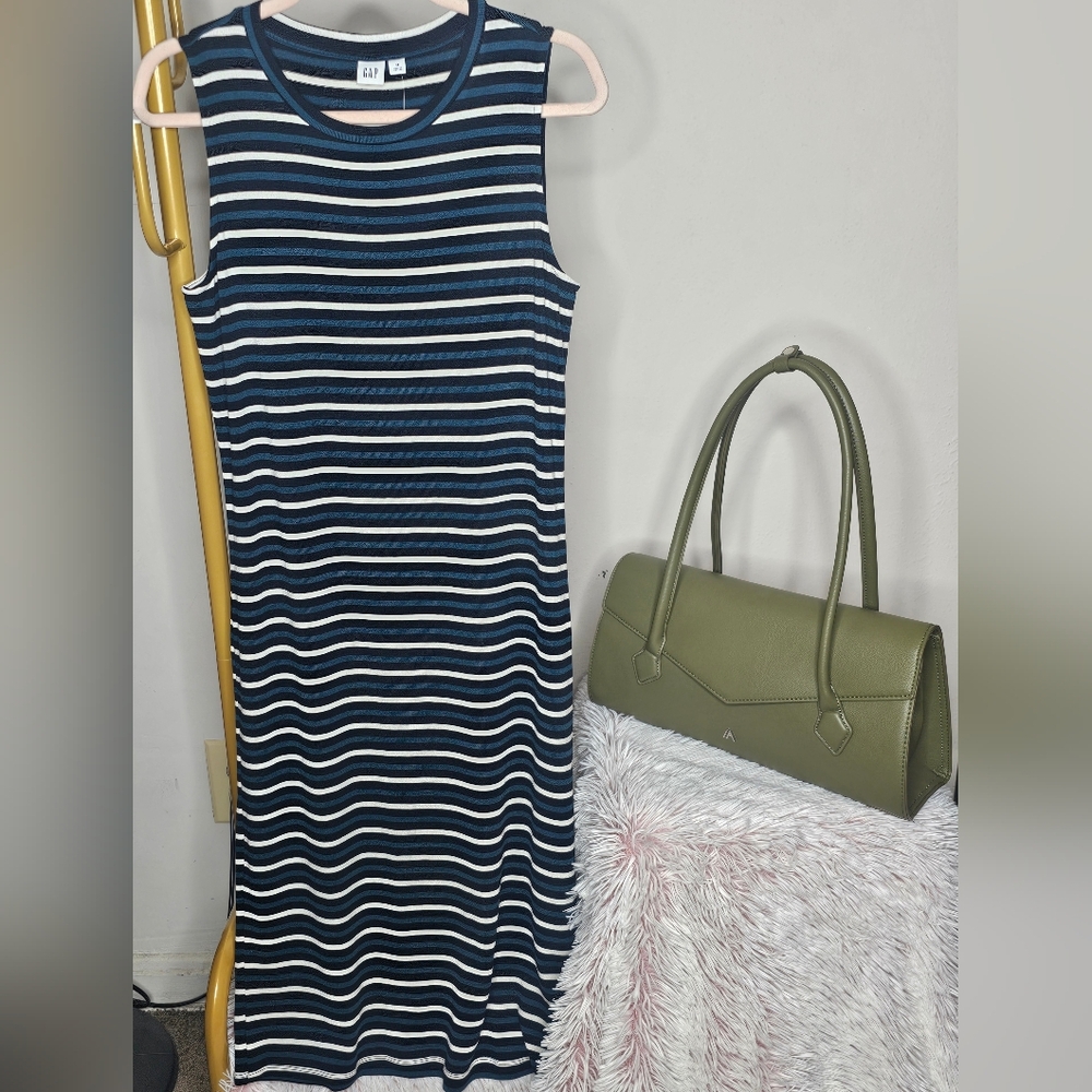 GAP Black, Green & White Striped Sleeveless Midi Dress | Size M | New With Tags